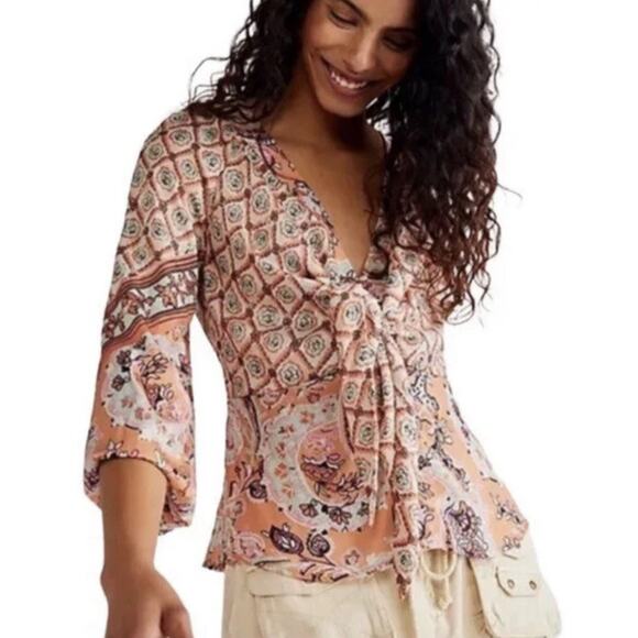 Free People Run Free Blouse Women's Large Sedona Combo Tie Front Button Down - Picture 1 of 14